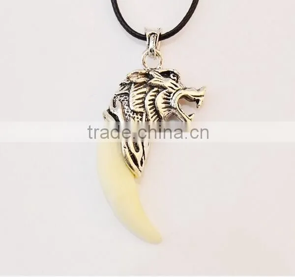 Retro Cool Men's Charm Choker Wolf Tooth Pendant Genuine Leather Alloy Necklace photo-2