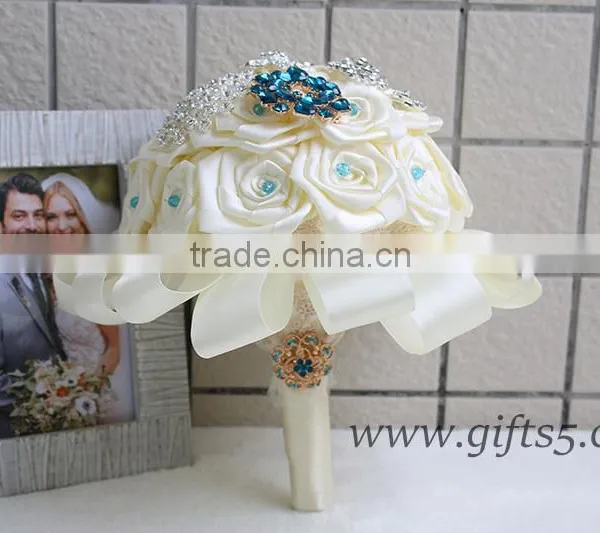 Customized Handmade Wedding Bouquets With Gorgeous Blue/ Silver Brooch photo-5