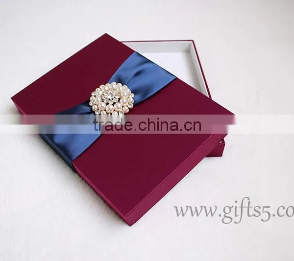 Custom Burgundy Wedding Invitation Boxes With Brooch in Handmade photo-6