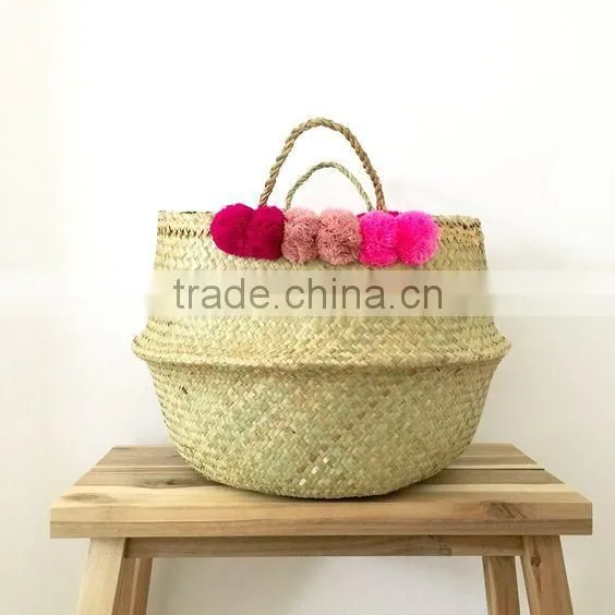 Colorful Pompom Seagrass Beach Bag With Handle photo-3