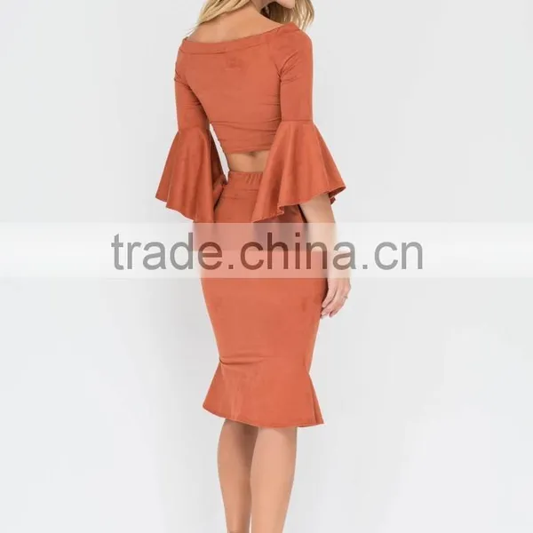 Ladies Designer Skirt Suits off Shoulder Flared Sleeve Crop Top and Tight Fishtail Skirt photo-4