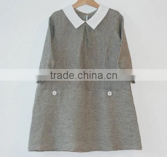 Wholesale Children's Boutique Clothing Spring Summer Girl Dress of 9 Years Old Half Sleeve Peter Pan Collar Vintage Linen Dress photo-4