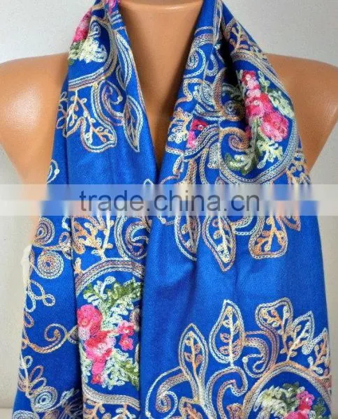 Royal Blue Embroidered Scarf Shawl Cowl Women Fashion Accessories Gift Ideas For Her Women Scarves Best Selling Item Scarf photo-2