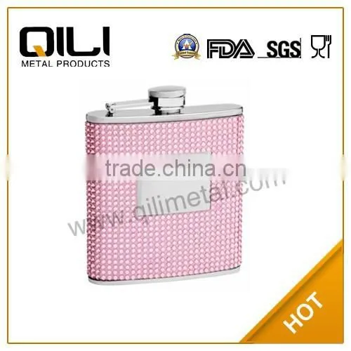 Free Engraving Personalized 6oz Silver/Pink Beaded Hip Flask