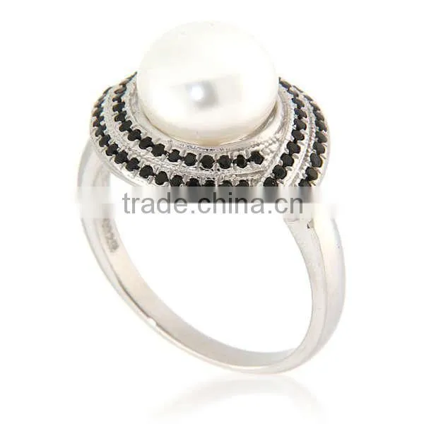 Fashionable Sterling Silver White and Black Spinel Freshwater Pearl Ring photo-3
