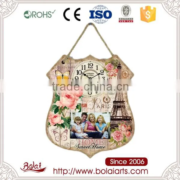 European-style Shield Shape Flowers and Butterflies Mdf Photo Frame Wooden Wall Clock