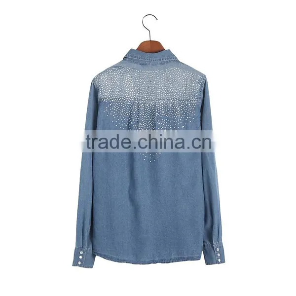 China Wholesale European Blue Long Sleeve Jean Womens Denim Jacket for Ladies photo-3