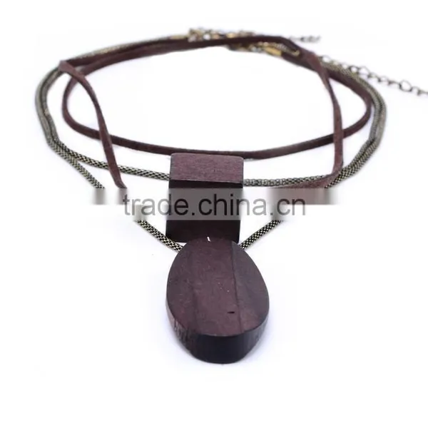 Multi Strand Geometric Wood Bead Pendant Necklace Long Wooden Beads Sweater Necklace Layered Suede Leather Chain Necklace photo-5