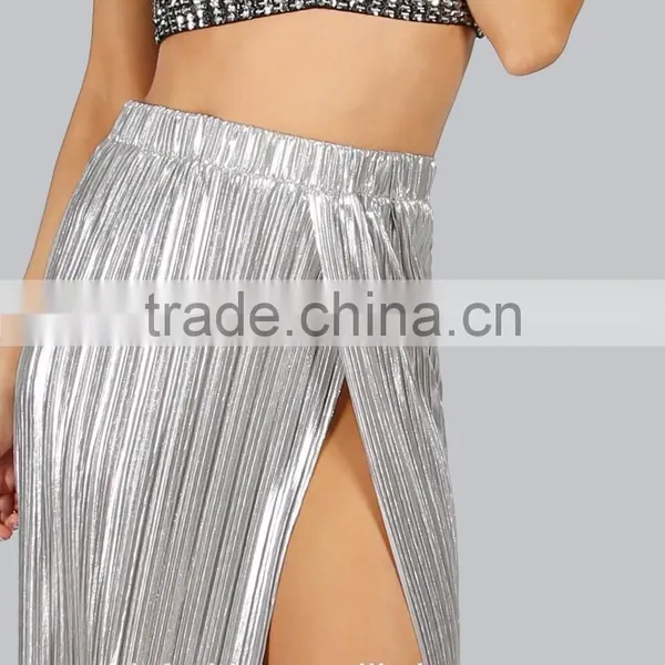 Long Split Women Pleated Long Skirt Sliver Color High Waist Maxi Skirt New Arrive photo-5
