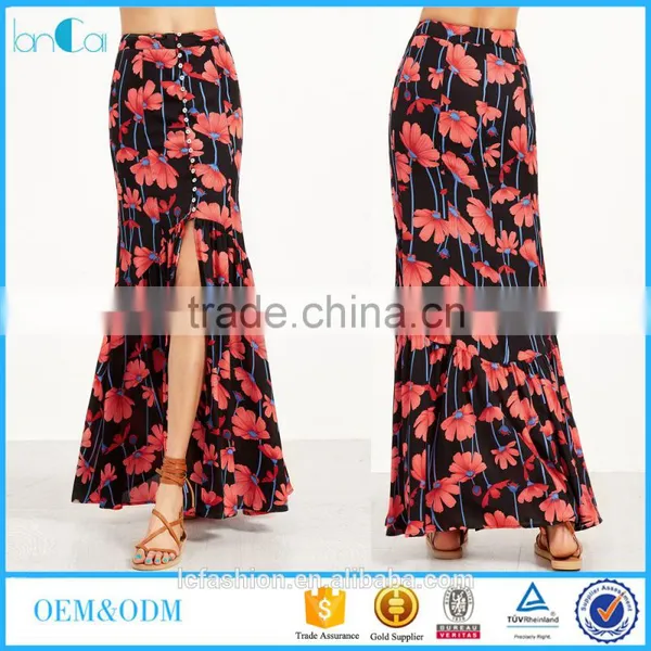 Flower Print Slit Front Ruffle Hem Maxi Skirt Fancy Skirt Top Designs