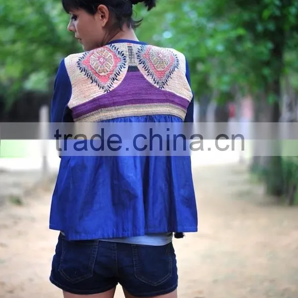 Denim Jacket in Kediyu Style With Vintage Kantha Fabric ~ Medium photo-4