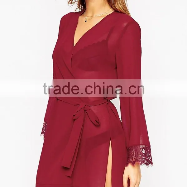Sexy Fashion Semitransparent Chiffon Fabric Lace Cuff Robe for Lady photo-4