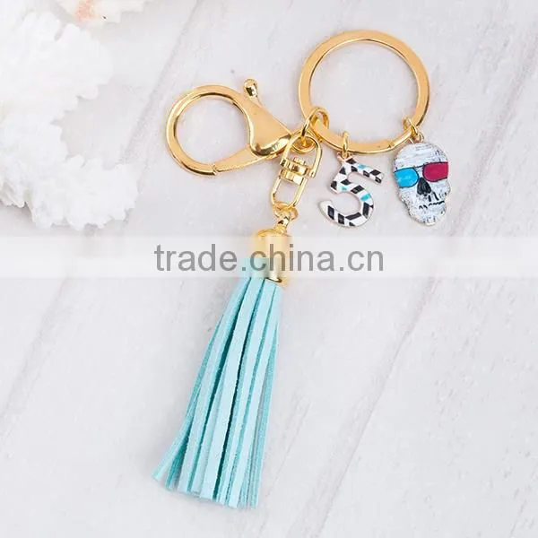 New Fashion Lobster Clasp Gold Plated Halloween Sugar Skull " 5 " Pendants With Velvet Suede Blue Tassel Key Chains Key Rings photo-3