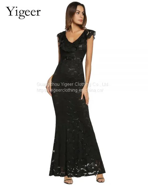 Ruffled V-neck High Waist Sheath Lace Mermaid Dress photo-4