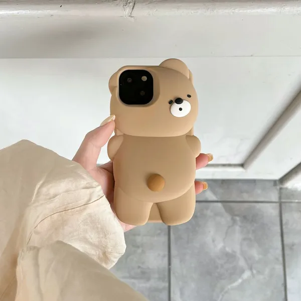 Cartoon 3D Bear Phone Case For IPhone 13 11 12 Pro Max 15Pro Max Shockproof Soft Silicone Lens Protective Back Cover