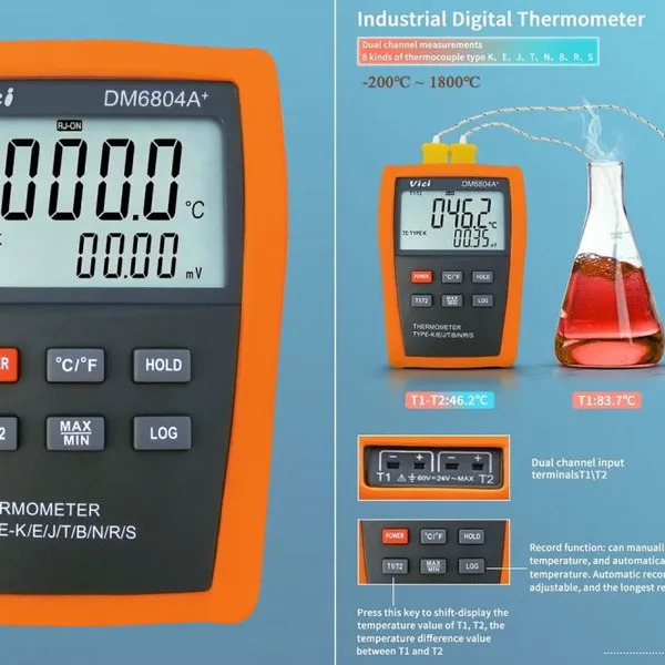 Vici DM6804A+ Digital Thermometer With Thermocouple Probe and Dual Input Dual Display Alarm Record Function photo-2
