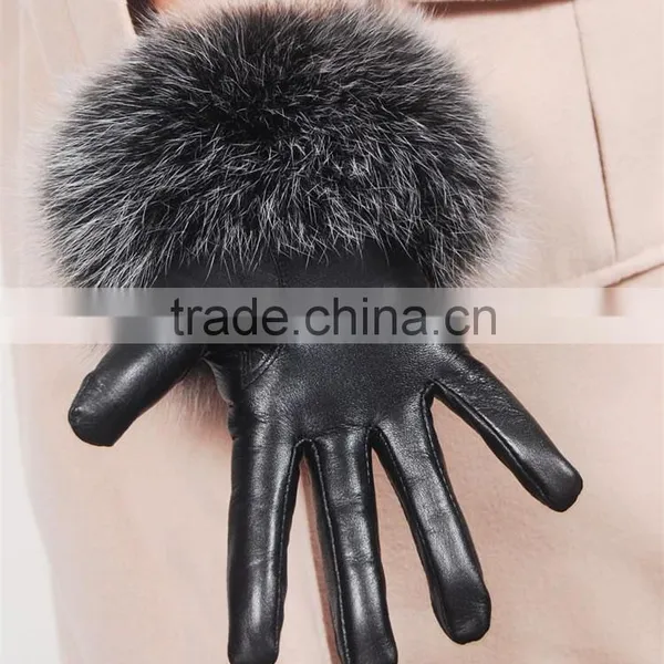 UK Style Women Classic Elegant Raccoon Fur Cuff Sheep Leather Gloves photo-3