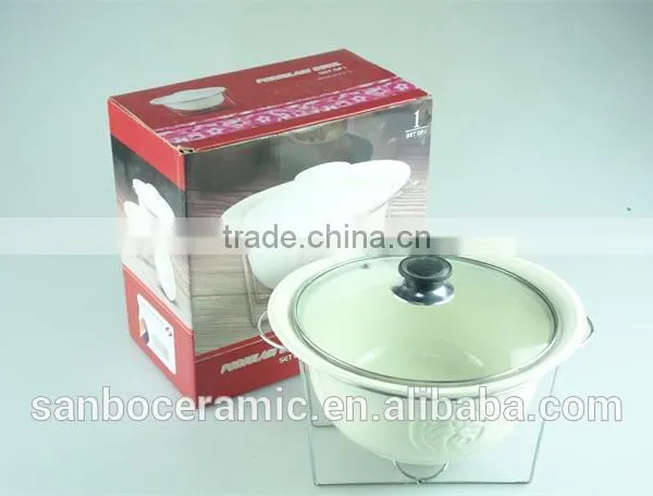 Ivory Oval Ceramic/porcelain Soup Tureen Pot Embossed With Glass Lid Metal Stand & Color Gift Box for Promotion photo-2