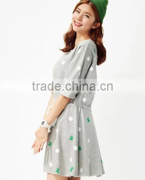 Female Money Shallow Hemp Grey Knitted Rabbit Dot Printing on the Waist Rope Bat Sleeve Dress photo-5