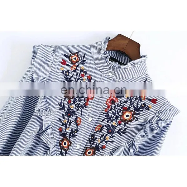 China Supplier Long Sleeve Stand Collar Striped Embroidery Shirts Women Tops and Blouses photo-3