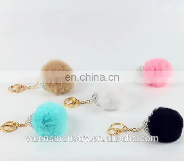 New Design Custom Faux Rabbit Fur Pom Pom Ball Keychain With Crystal Decorated for Girls' Gift Bag Accessories Car Pendant photo-5