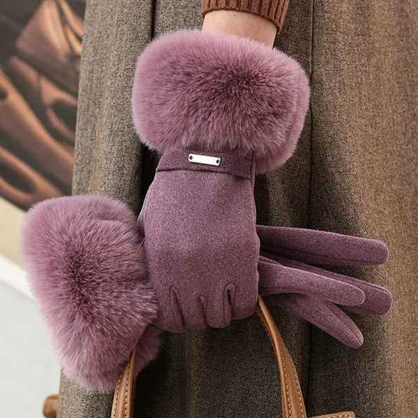 Elegant Winter Gloves Plush Faux Fur Trim Decorative Metal Label Soft Lining Daily Wear Winter Gloves photo-2