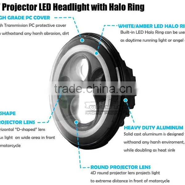 BJ-HL-013 New Arrival Jeep Wrangler LED Light 7" With Yellow Halo Ring for Harley Motorcycle LED Headlight photo-5