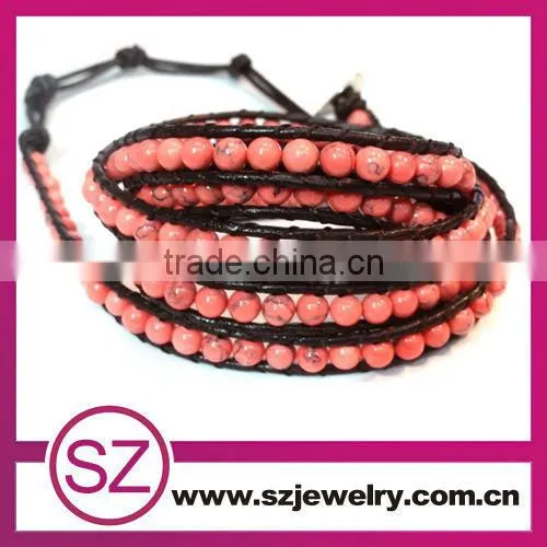 2013 Fashion Jewelry 5 Wrap Gemstone Bead Leather Bracelet
