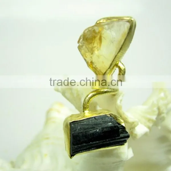 Citrine & Tourmaline Rough Natural Gemstone Ring, 925 Solid Sterling Silver Ring, Designer Vermeil Bezel Ring photo-3