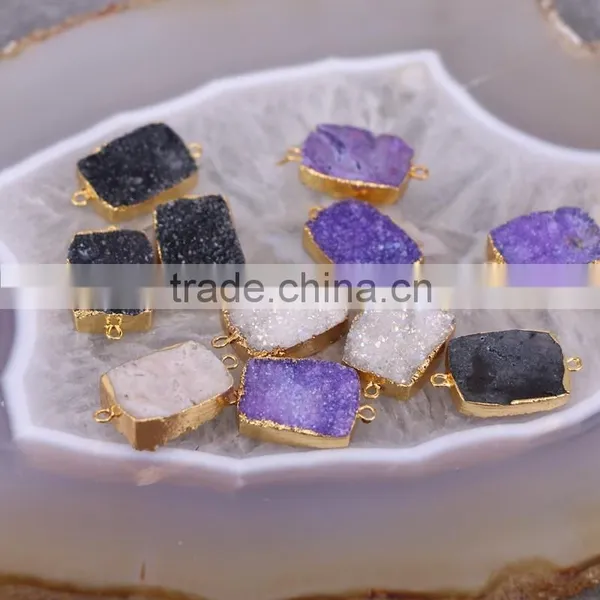 White AB / Purple / Black Druzy Quartz Stone Connector Beads, Rectangle Shape Gold Plated Crystal Drusy Gem Stone Beads photo-3