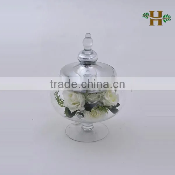 Clear Suite Glass Bowl Vase on Foot, Footed Round Glass Candy Plate With Silvered Cap
