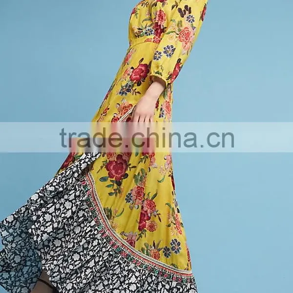 Vibrant Colors Embedded Vintage Long Sleeve Floral Maxi Dress Western Frock Designs For Ladies HSd5158 photo-3