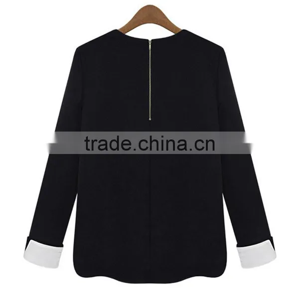 Autumn Fashion Simple Style Contrast Color Straight Fit Knitted Casual Wear Back Zipper Ladies Blouse Designs 2015 photo-3