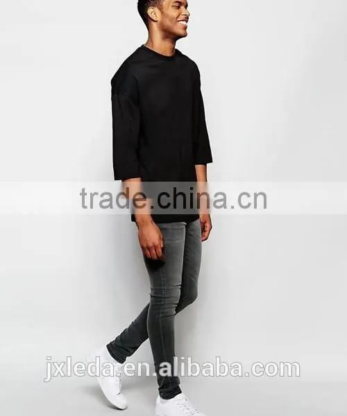 Men Oversized 3/4 Sleeves Dropped Shoulders Black T-shirt OEM Supplier in China photo-4