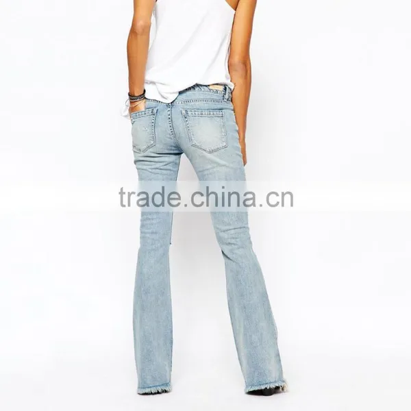 Light Blue Plain Knee Ripped Wide Botton New Model Jeans Pent Style photo-2