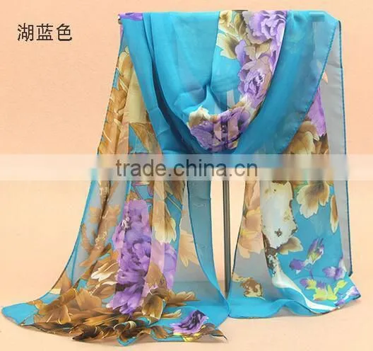 Fashion Women Chiffon Scarf Spring Summer Peony Flower Printing Elegant Lady Shawls Scarves photo-3