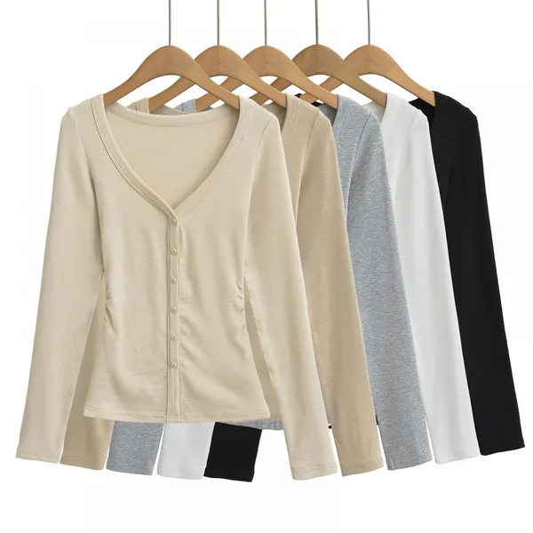Button Pleated Lace-up Long-sleeved T-shirt Women's 2025 Autumn New Slim Design Sense Undershirt Top Trend photo-3