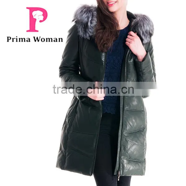 Winter Women Medium Length Slim Fit Leather Coat With Silver Fox Hat Overcoat photo-5
