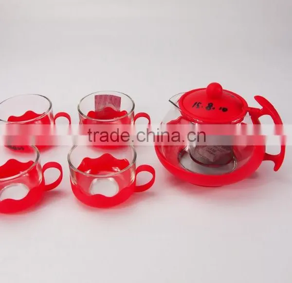 Cheap Red Glass Teapot Sets With 4 Cups and Plastic Holder photo-2