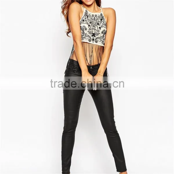 Sexy Net Tops for Girls Contrast Embroidery Embellished Fringing Crop Top HST3397 photo-4