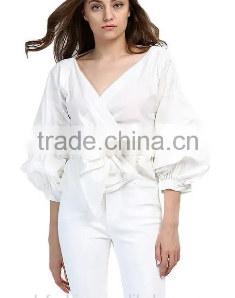2017 New Fashion Solid Tie Belt Puff Sleeve Tops photo-5