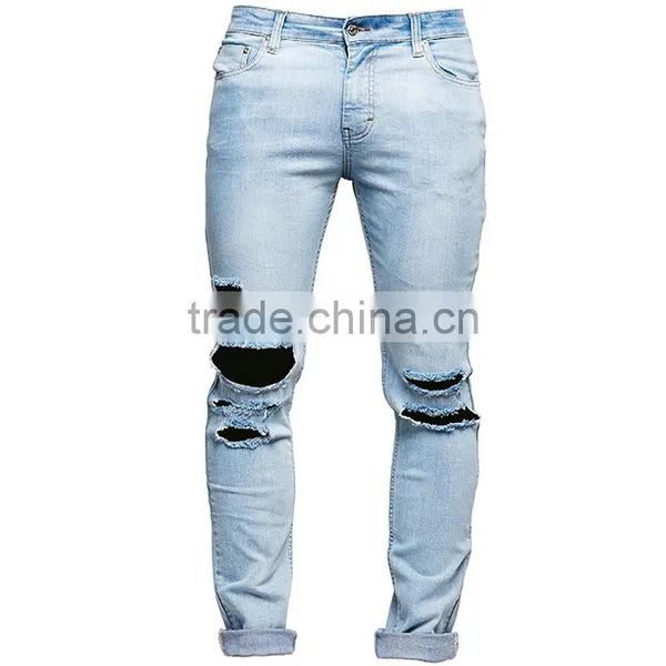 New Fashion Skinny Washed Hole Jeans 2017 Men Damaged Denim Jeans Pants photo-2