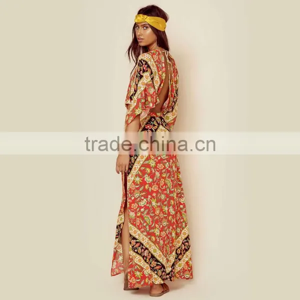 Bat Sleeve Printed Ethnic Clothing Women Kaftan Open Back Design Maxi Dress photo-4