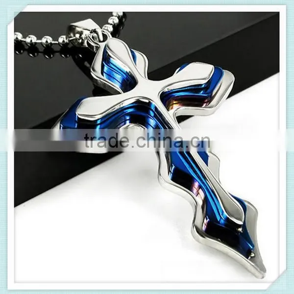 Necklace Pendants Men's Silver Blue Stainless Steel Cross Pendant W/ Free Chain Necklace