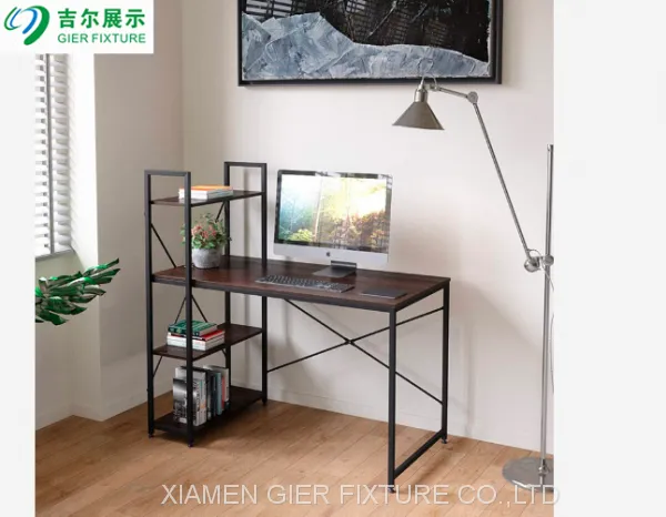 Wooden Metal Frame Computer Desk With Bookcase Furniture for Office and Home photo-4