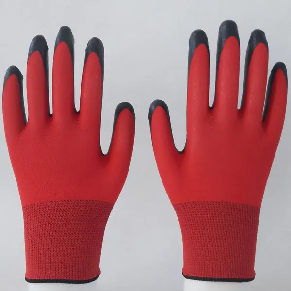 Red Polyester Knitted Black Nitrile Palm Coated Safety Work Gloves Abrasion-resistance Anti-slip Breathable photo-3