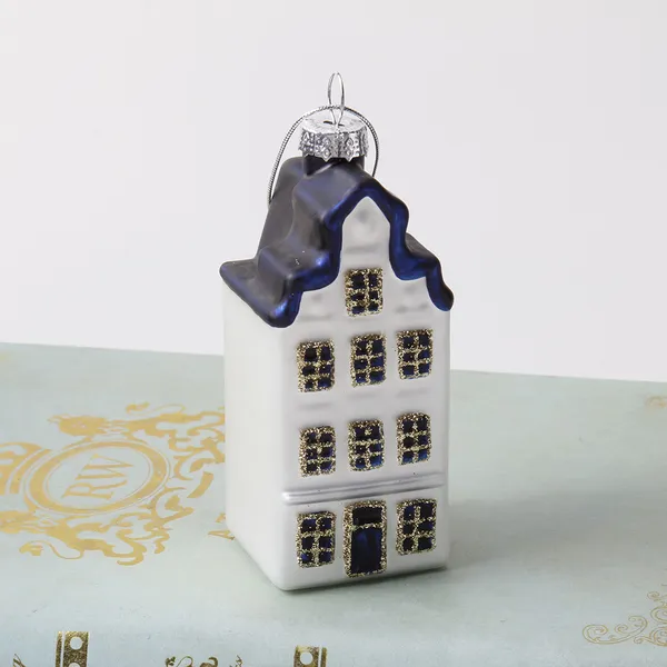 Wholesale Price Personalized Xmas Tree Hanging Decoration Custom Hand Blown Delft Blue and White Glass Dutch Gable House Christmas Baubles