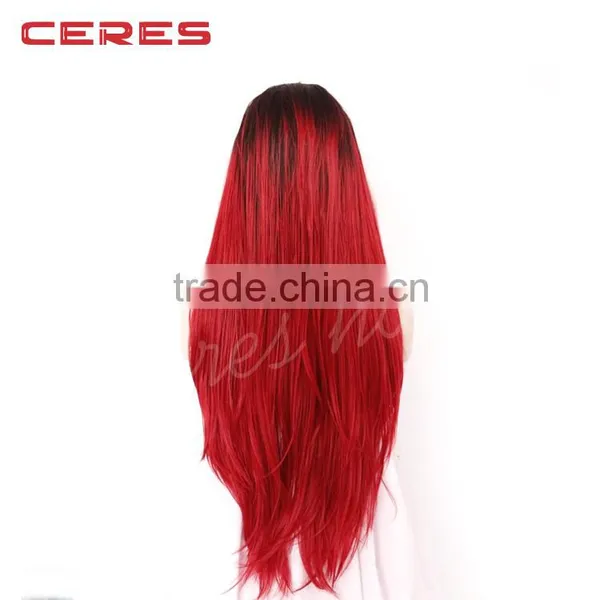 Long Straight Synthetic Lace Front Wig Dark RootsBlack to Red Ombre Heat Resistant Fiber Hair 2 Tones Women photo-3