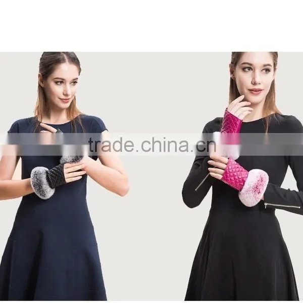 Fingerless Gloves Sheepskin Gloves Mittens With Rex Rabbit Fur Trim For Winter Lady photo-5