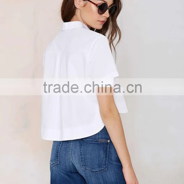 Lady's Slim Cotton Collared Solid White Shirt Short Sleeve Blouse photo-4